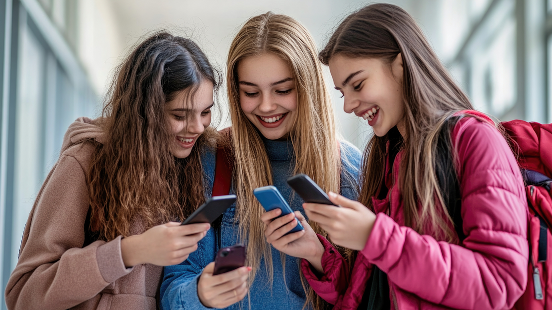 Drei lächelnde Mädchen im Teenageralter stehen dicht beieinander, jede hält ein Smartphone in der Hand und schaut darauf. Sie wirken glücklich und beschäftigt mit dem, was sie auf ihren Bildschirmen sehen.