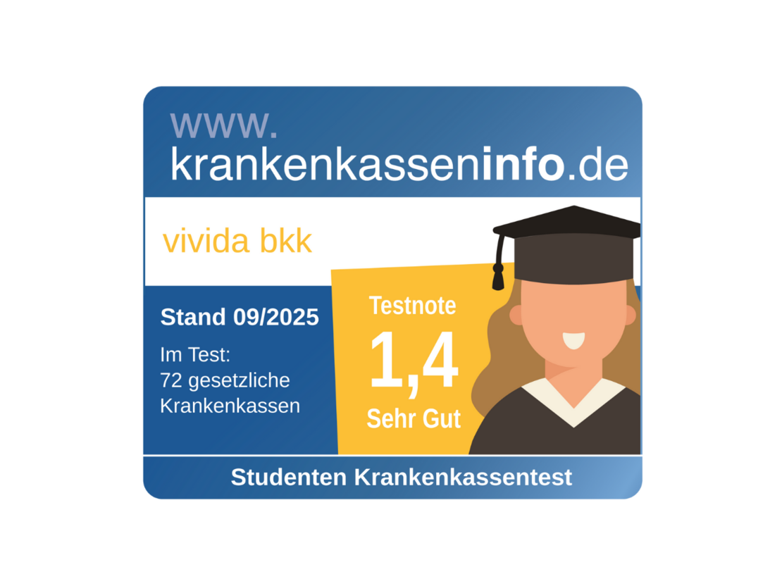 Eine Plakette von krankenkasseninfo.de zeigt die "vivida bkk" mit der Note 1,4 (Sehr Gut) in einem Test von 72 gesetzlichen Krankenkassen, gültig bis 09/2025. Auf der rechten Seite ist ein Absolvent mit Mütze abgebildet.