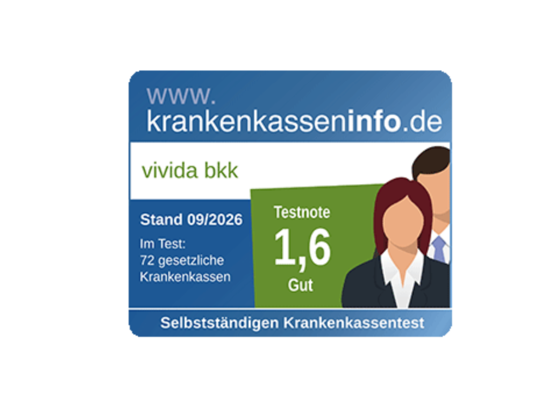 Logo für krankenkasseninfo.de, das „Vivida BKK“ mit einer Testbewertung von 1,6 (gut) im Bereich Selbstständige, Informationen zu gesetzlichen Krankenkassen sowie die Symbole zweier Personen zeigt.
