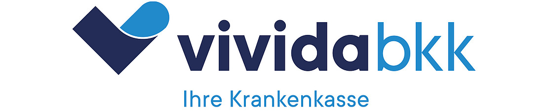 Das Logo zeigt ein blaues und dunkelblaues Häkchen, gefolgt von dem Text "vivida bkk" und darunter in kleinerer Schrift "Ihre Krankenkasse", alles auf weißem Hintergrund.