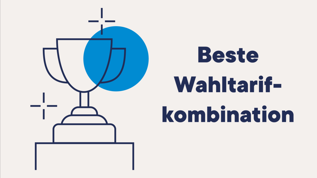 Strichzeichnung einer Trophäe mit einem blauen Kreis dahinter, daneben fettgedruckter Text in deutscher Sprache mit der Aufschrift "Beste Wahltarifkombination" auf hellem Hintergrund.