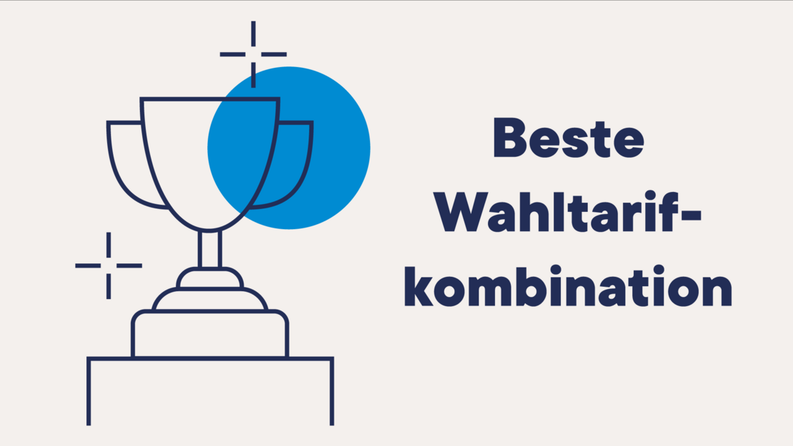Strichzeichnung einer Trophäe mit einem blauen Kreis dahinter, daneben fettgedruckter Text in deutscher Sprache mit der Aufschrift "Beste Wahltarifkombination" auf hellem Hintergrund.