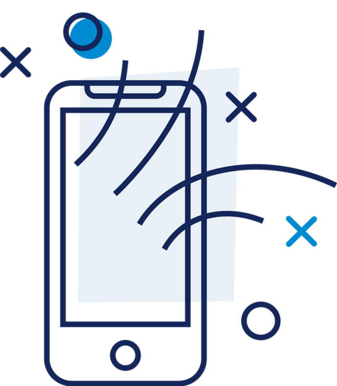 Abstrakte Illustration eines Smartphones mit gebogenen Linien, Kreisen und X-Markierungen in Blautönen, die digitale Kommunikation oder Konnektivität symbolisieren.