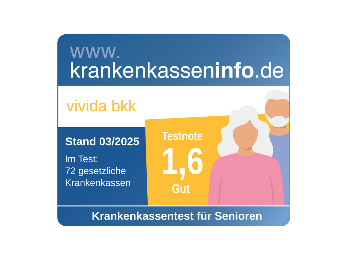 Eine blau-weiße Infokarte zeigt die von krankenkasseninfo.de mit 1,6 (Gut) bewertete Krankenversicherung der Vivida BKK für Senioren; sie enthält Symbole von zwei älteren Erwachsenen und Bewertungsdetails für 72 gesetzliche Krankenkassen.