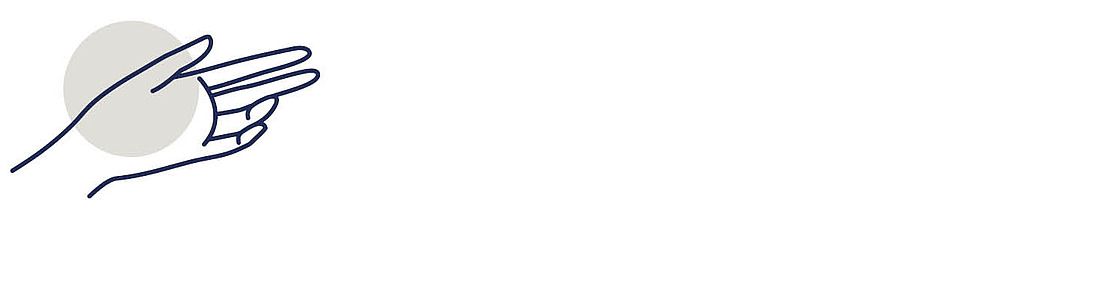 Eine einfache Strichzeichnung einer Hand mit zwei ausgestreckten Fingern, die einen hellgrauen Kreis auf weißem Hintergrund berühren. Das Design ist minimalistisch und befindet sich auf der linken Seite des Bildes.
