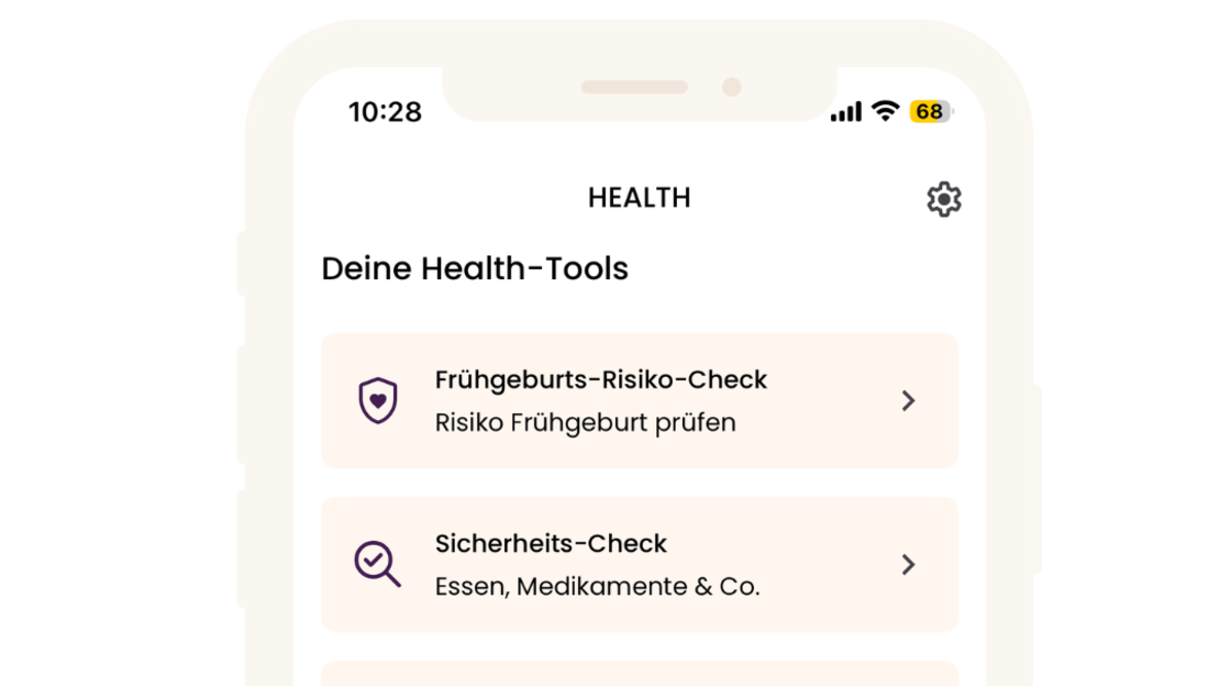 Auf dem Bildschirm eines Smartphones wird eine Gesundheits-App auf Deutsch angezeigt. Sie zeigt Gesundheitstools wie Risiko-Checks und einen Symptom-Tracker sowie Symptom-Kategorien für Stimmung und Nährstoffmangel, mit Navigationssymbolen am unteren Rand.