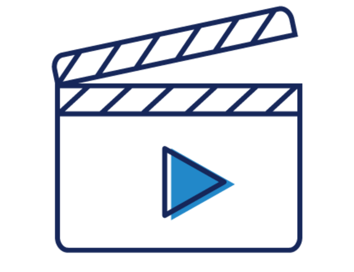 Einfache Strichzeichnung einer Filmklappe mit einer blauen Abspieltaste in der Mitte, die Video- oder Filminhalte symbolisiert.