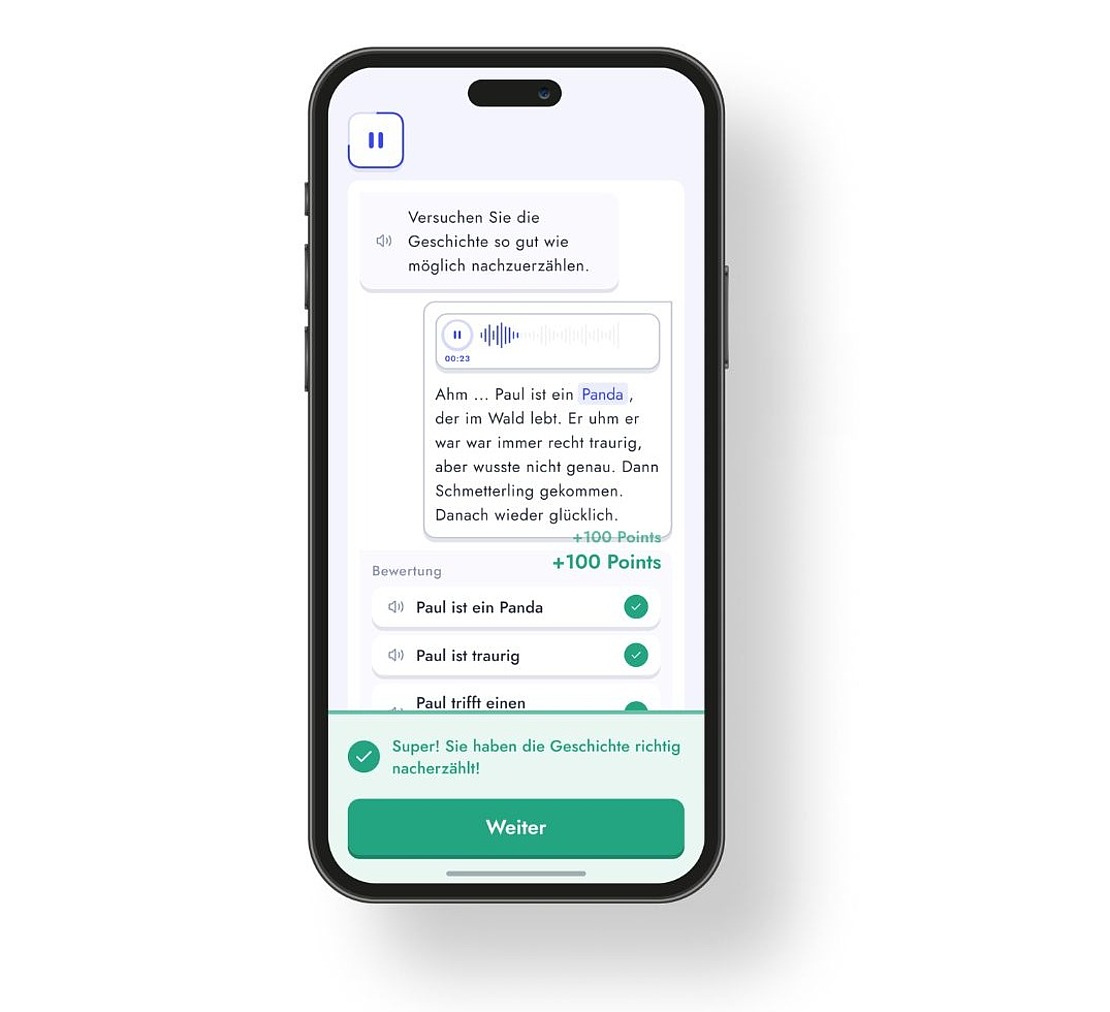 Ein Smartphone mit einer Sprachlern-App auf Deutsch. Der Bildschirm zeigt eine Geschichte, Antwortmöglichkeiten, eine Punktzahl von 100 Punkten und ein grünes Banner, das die richtige Antwort bestätigt. Am unteren Rand befindet sich eine Schaltfläche "Weiter" (Next).