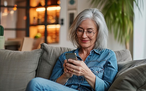 Eine lächelnde ältere Frau mit grauen Haaren und Brille, die ein Jeanshemd und Jeans trägt, sitzt auf einer Couch in einem Haus und schaut auf ihr Smartphone. Im unscharfen Hintergrund sind eine Pflanze und warmes Licht zu sehen.