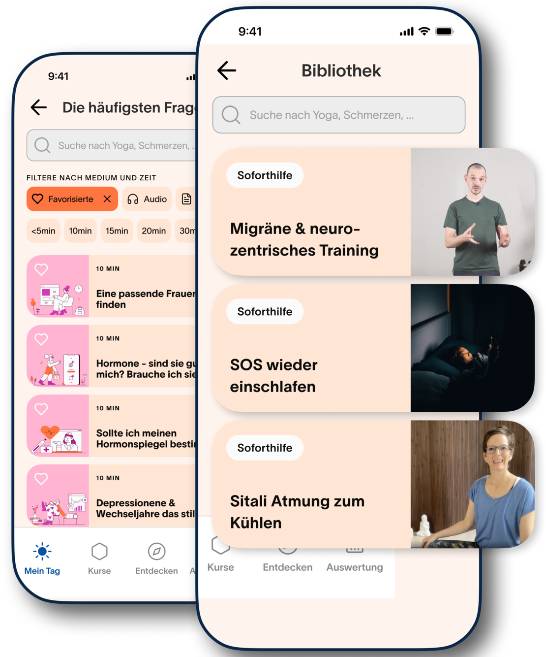 Zwei sich überlappende Smartphone-Bildschirme zeigen eine Wellness-App. Der linke Bildschirm zeigt eine Liste der bevorzugten Audiositzungen zur Selbstfürsorge, und der rechte zeigt Kursthemen wie Migränetraining, Schlafhilfe und Atemtechniken mit Fotos der Kursleiter.