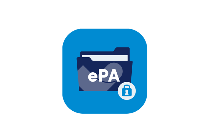 Blaues App-Symbol mit einem Ordner mit der Aufschrift "ePA" und einem Vorhängeschloss-Symbol in der Ecke, das eine sichere digitale Datei oder elektronische Akte darstellt.