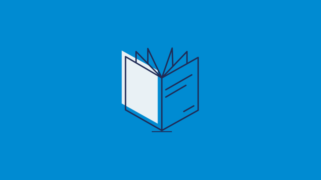 Eine minimalistische Strichzeichnung eines offenen Buches mit mehreren Seiten, dunkelblau umrandet vor einem einfarbig blauen Hintergrund. Die Buchseiten sind weiß mit einfachen schwarzen Linien als Text.
