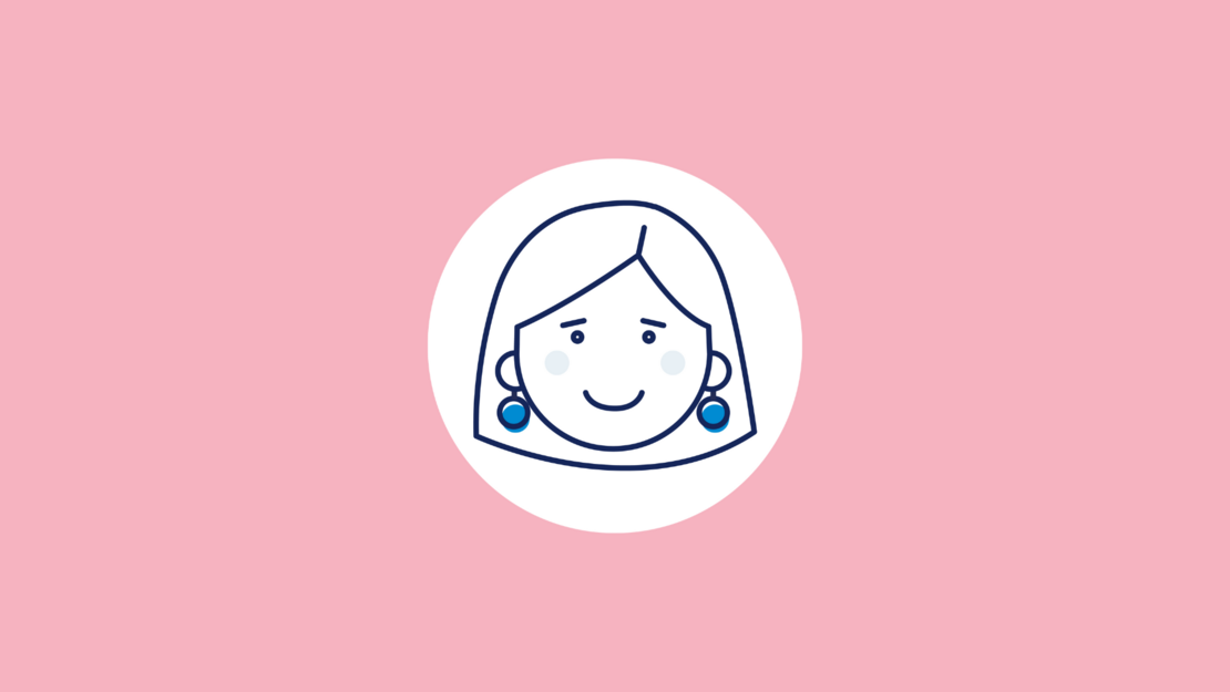 Einfache Zeichnung des Gesichts einer lächelnden Person mit Ohrringen, blau umrandet in einem weißen Kreis. Der Hintergrund ist rosa.