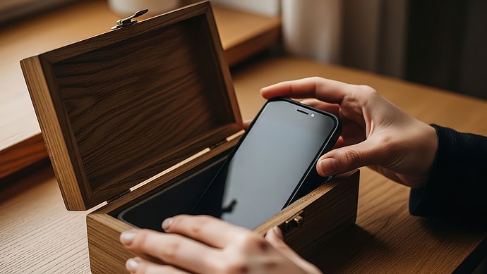 Eine Person legt ein Smartphone in einer Holzkiste auf einen Holztisch, während das Sonnenlicht durch ein nahe gelegenes Fenster fällt.