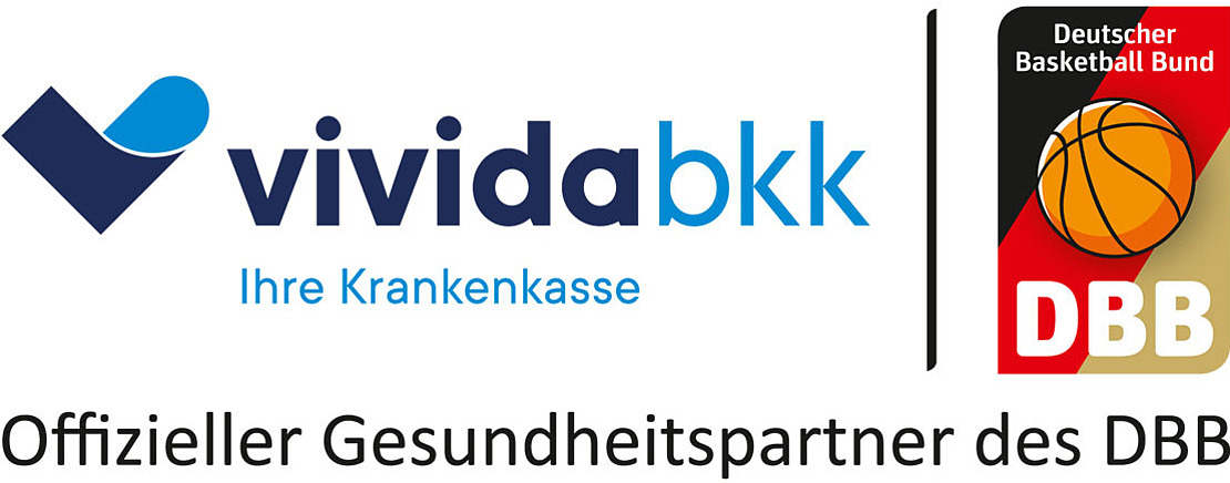Logo der Vivida BKK mit dem Text „Ihre Krankenkasse“ neben dem Logo des Deutschen Basketball Bundes (DBB) und dem Schriftzug „Offizieller Gesundheitspartner des DBB“ darunter.