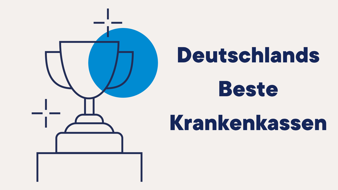 Strichzeichnung einer Trophäe auf einem Sockel mit einem blauen Kreis im Hintergrund. Der Text lautet: „Deutschlands Beste Krankenkassen“.