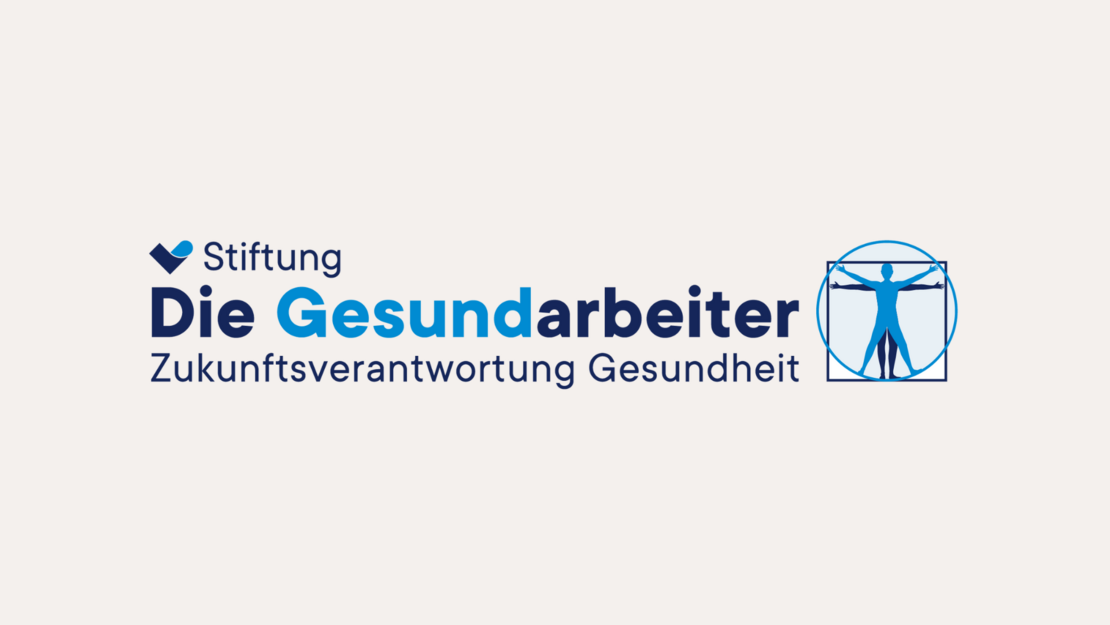 Logo der „Stiftung Die Gesundarbeiter“ mit einer blauen Silhouette von Da Vincis Vitruvian Man in einem Quadrat, darunter der Text „Zukunftsverantwortung Gesundheit“.
