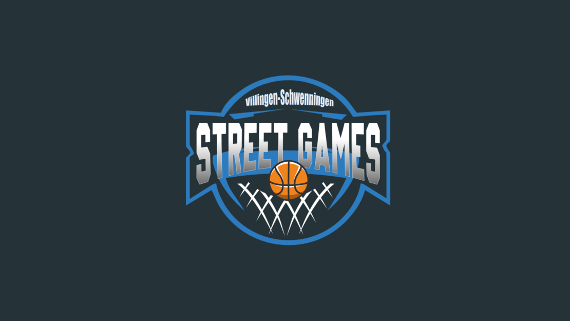 Logo für „Street Games Villingen-Schwenningen“ mit einem Basketball vor einem stilisierten Basketballkorb, mit fettem blau-weißem Text auf dunklem Hintergrund.