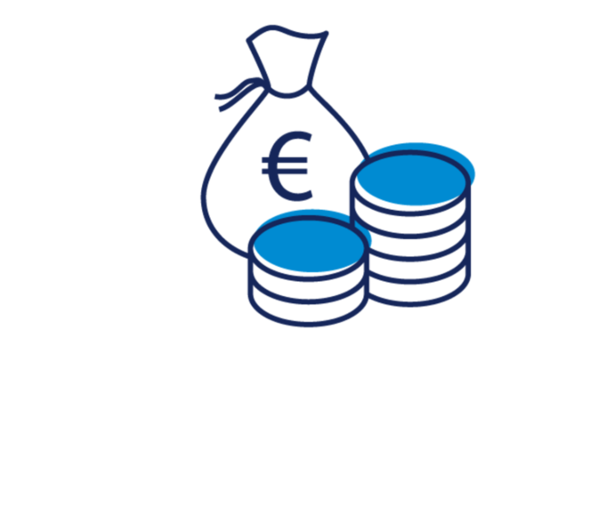 Eine einfache Illustration eines Geldbeutels mit einem Euro-Symbol (€) neben zwei Stapeln von Münzen, alle blau umrandet auf einem weißen Hintergrund.