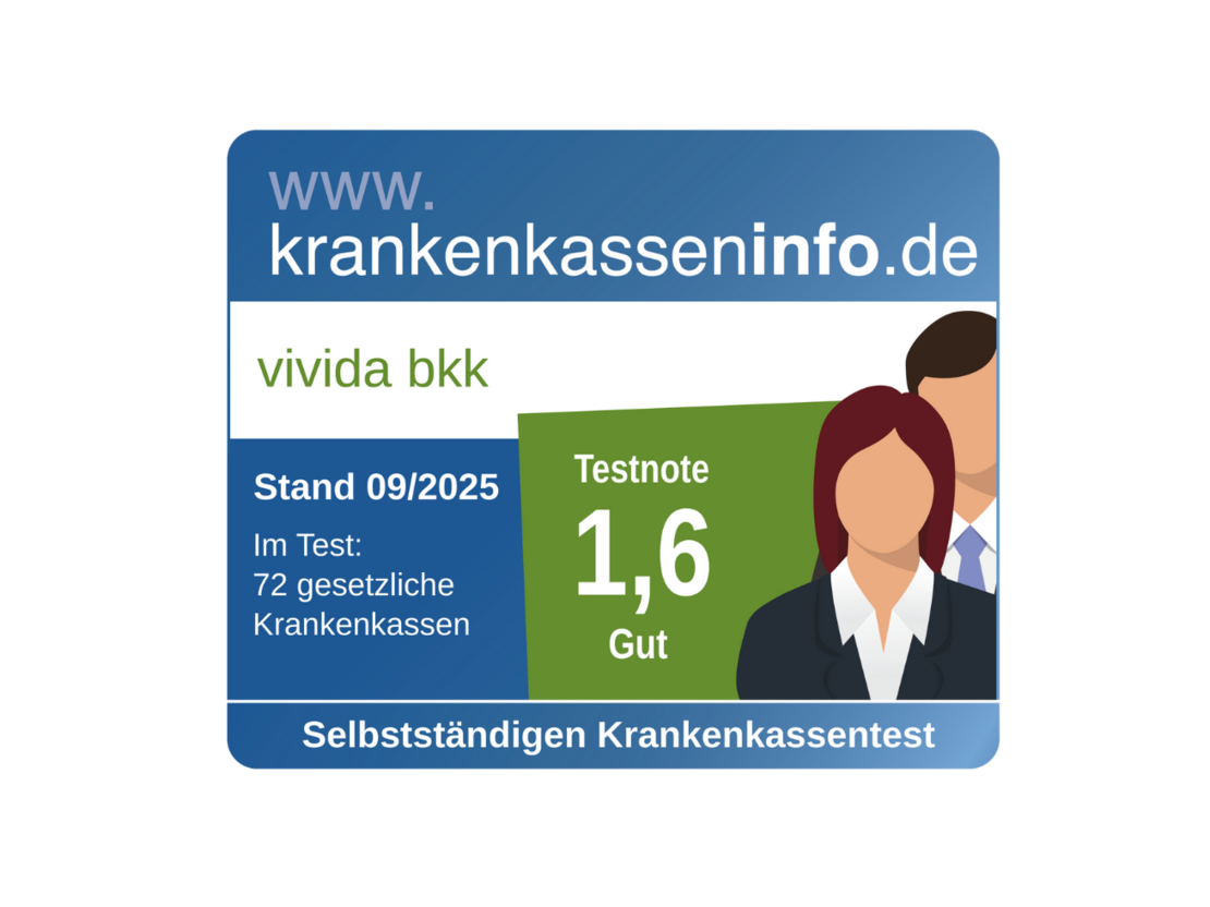 Eine Bewertungsplakette der Website krankenkasseninfo.de, vivida bkk, Testnote 1,6 (gut), Bewertung von 72 gesetzlichen Krankenkassen, gültig bis September 2025, mit zwei gesichtslosen Personensymbolen.