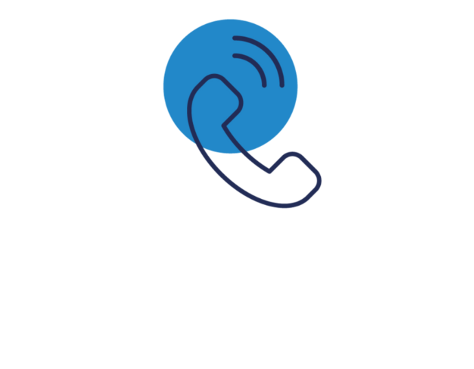 Ein blauer Kreis mit einem einfachen marineblauen Umriss eines Telefonhörers und zwei geschwungenen Linien darüber, die einen Anruf oder ein Kommunikationssymbol andeuten, auf weißem Hintergrund.