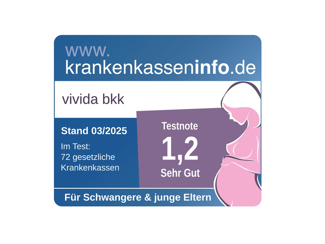 Ein Bewertungssiegel von krankenkasseninfo.de für die vivida bkk mit der Note 1,2 (Sehr Gut) für Schwangere und junge Eltern, mit einer Grafik einer Schwangeren und Angaben gültig ab 03/2025.