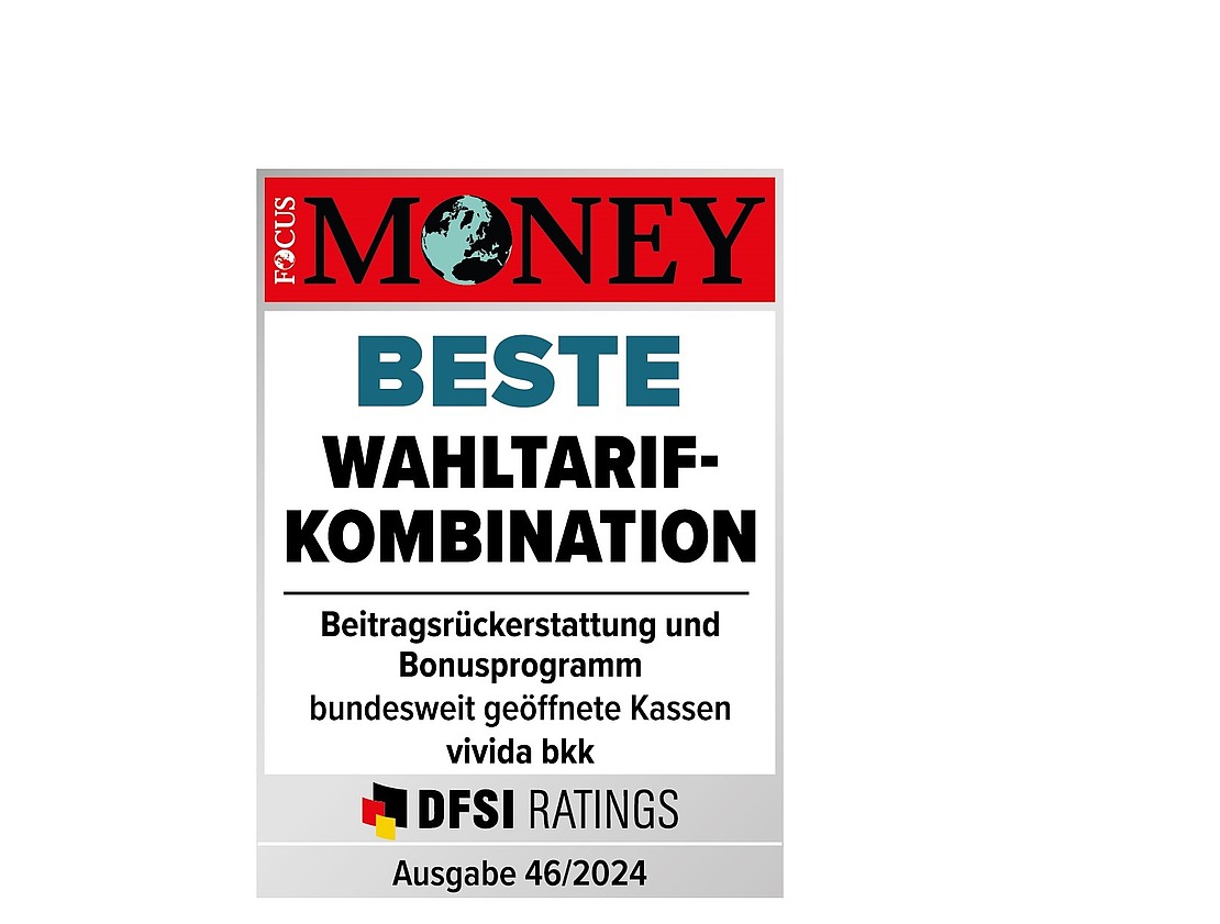 Ein Badge der Zeitschrift „FOCUS MONEY“ mit dem Text „BESTE WAHLTARIF-KOMBINATION“ und Angaben zu Tarifkombinationen, Bonusprogrammen und DFSA-Bewertungen, Ausgabe 46/2024.