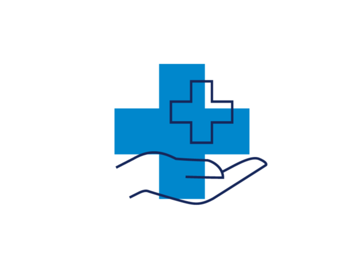 Ein blaues medizinisches Kreuz mit dem Umriss einer offenen Hand in Dunkelblau darunter, das Gesundheitspflege, Schutz und medizinische Hilfe symbolisiert.