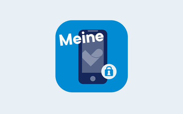 Blaues App-Icon mit der Abbildung eines Smartphones, einem Häkchen auf dem Bildschirm und einem Vorhängeschloss-Symbol. Oben links auf dem Icon steht diagonal der Schriftzug „Meine“.