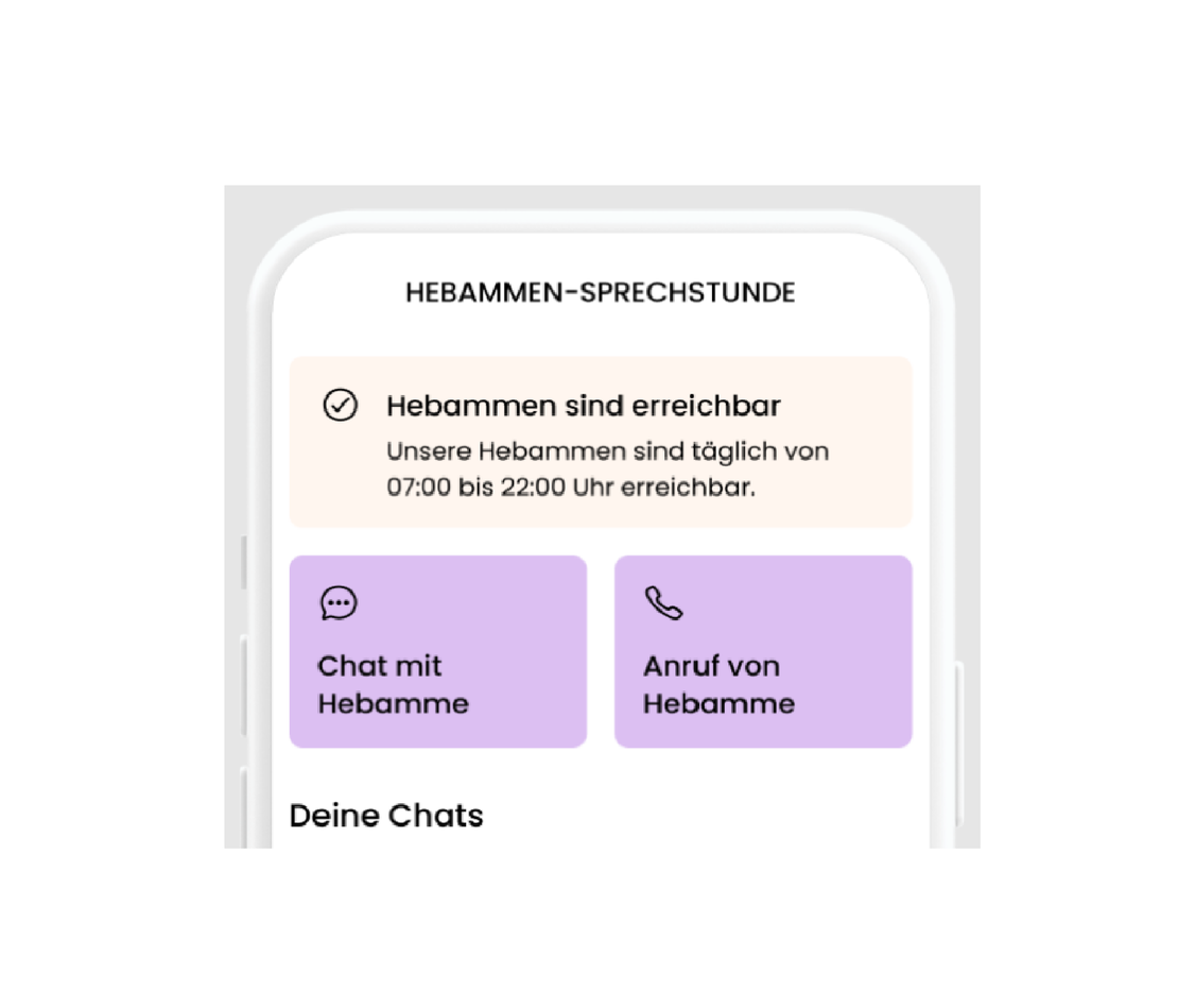 Der Bildschirm eines Smartphones zeigt eine Hebammenberatungs-App auf Deutsch. Zu den Optionen gehören "Chat mit Hebamme" und "Anruf von Hebamme". Die Verfügbarkeit wird mit 07:00-22:00 Uhr angegeben.